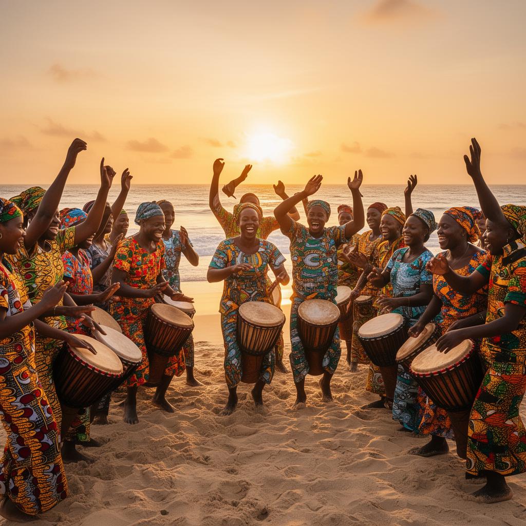 Group drumming and dancing on the beach
