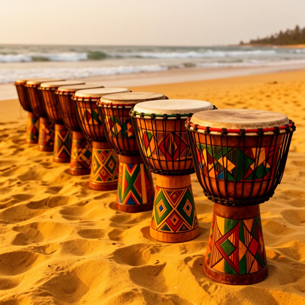 Row of carved djembe drums on the sand